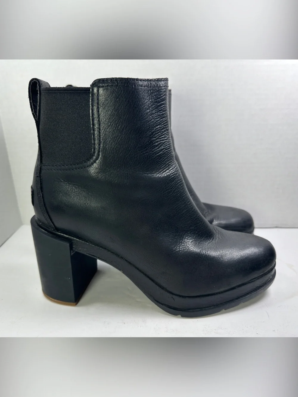 Sorel Margot Black Leather Block Heel Ankle Boots Size 8